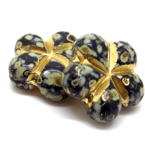 Perles tchèques fleur, verre pressé, tons noir, gris vert, marron, incrustation dorée, diamètre 17 mm, lot de 2 unités