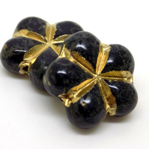Perles tchèques fleur, verre pressé, brillant, tons noir, reflets gris, incrustation dorée, diamètre 17 mm, lot de 2 unités