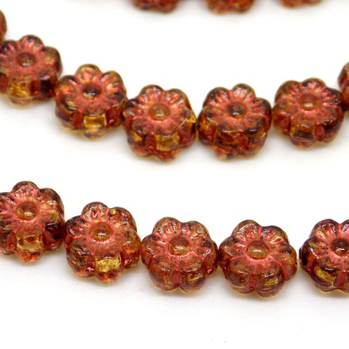 Perle tchèque fleur hawaïenne, verre pressé, semi translucide, divers tons ambre, marron, patine cuivrée, 6 mm, lot de 12