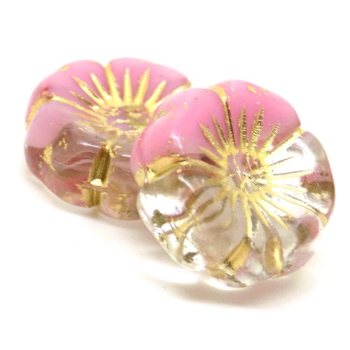 Perles tchèques fleurs hawaïennes, verre pressé, semi translucide, rose, dorée, patine, 16 mm, lot de 2