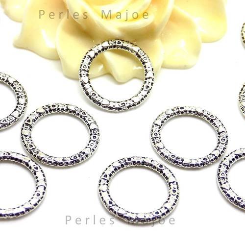 10 x anneaux fermés ovales en métal frappé couleur argent antique 23x13x1 mm