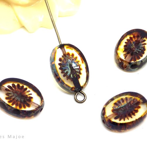 Perles tchèques ovales kiwi, verre pressé, translucide, tons marrons, ambre, bleu, picasso, patine , 14 x 10 mm, lot de 4