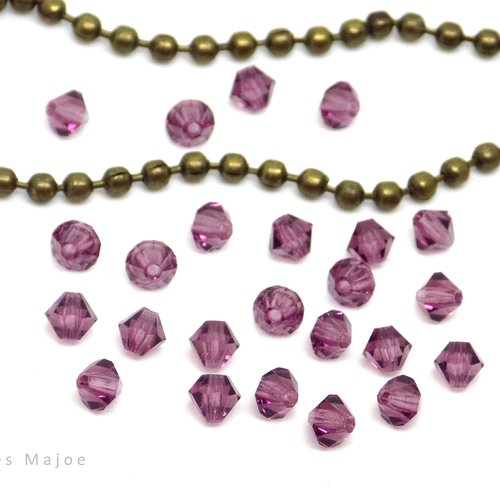 Perles tchèques toupies, bicone, en verre, translucide, couleur améthyste, 4 mm, lot de 30
