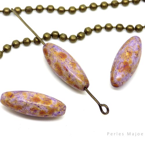Perle tchèque olive, verre pressé, à facettes, picasso, divers tons violet, marron, 19 x 7 mm, lot de 4