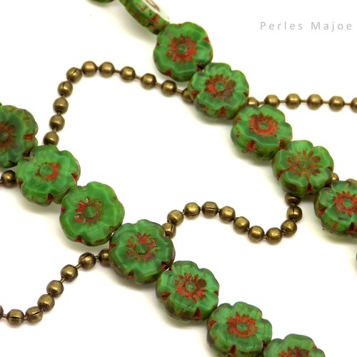 Perle tchèque fleur hawaïenne, verre pressé, tons vert, marron, patine, diamètre 10mm, lot de 6