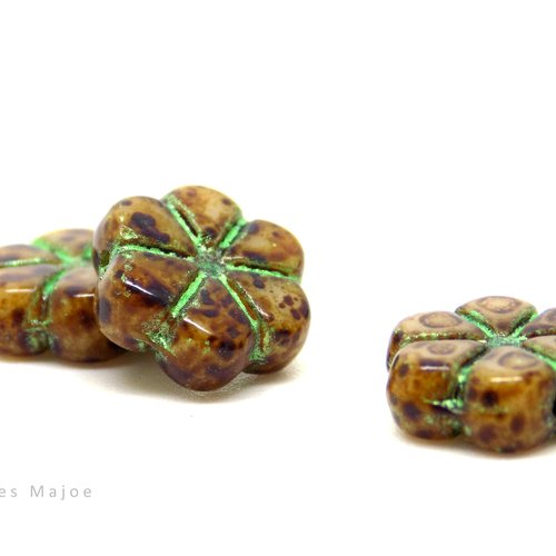 Perle tchèque fleur, guirlande, verre pressé, picasso, tons marron, vert, beige, patine, 10 x 10 mm, lot de 6