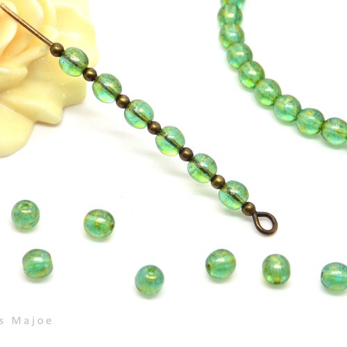 Perles tchèques rondes, translucides, verre pressé, couleur vert, doré, patine, 4 mm, lot de 30