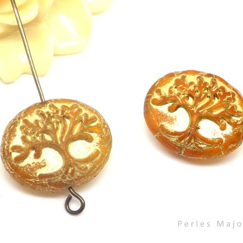 Perle tchèque arbre de vie, ovale, verre pressé, semi translucide, tons ambre, orange, doré, patine, 18 x 14 mm, lot de 2