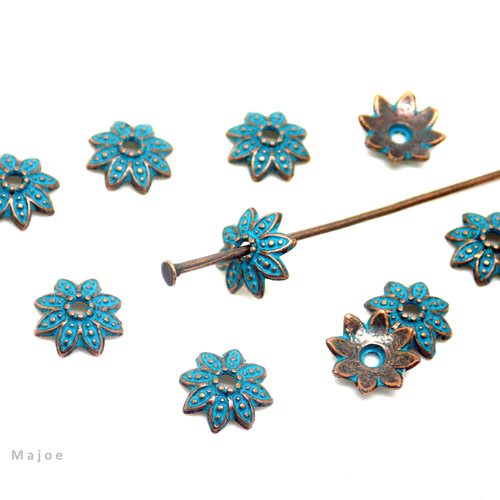 10 coupelles fleur en métal couleur cuivre et bleu turquoise, patine, 8 x 8 mm