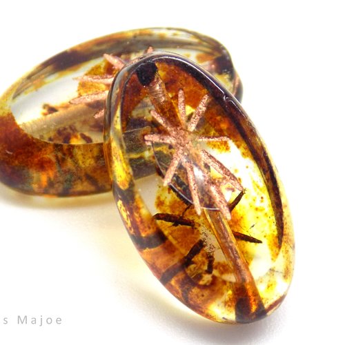 Perle tchèque ovale, kiwi, verre translucide, ton miel, ambre, incrustation cuivrée, 19 x 10 mm, lot de 4