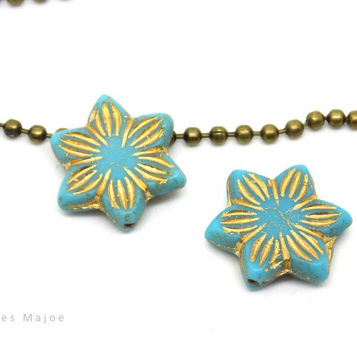 Perle tchèque fleur, étoile, verre opaque, bleu turquoise clair incrustation dorée métallisée, 17 mm lot de 2