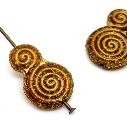 Perle tchèque spirales, ethnique, verre pressé, translucide, divers tons ambre, bordeaux, patine or antique, 16 x 11 mm, lot de 2