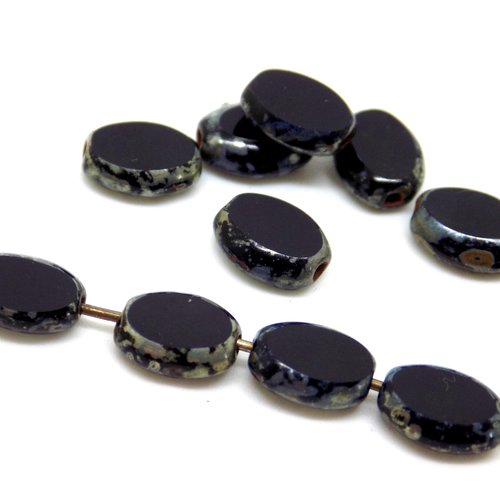 Perles tchèques ovales et plates, verre pressé, noir, contour tons gris, noir, marron, patine, 8 x 6 mm, lot de 10