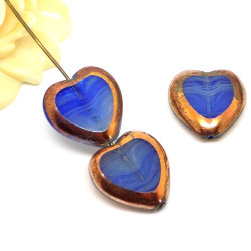 Perle tchèque coeur, verre pressé translucide, bleu effet vague, couleur cuivré, 16 x 15 mm, lot de 2