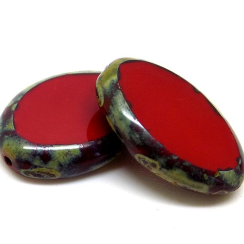 Perles tchèques ovales, en verre pressé, picasso, rouge, contour divers tons vert, marron, 20 x 14 mm, lot de 2