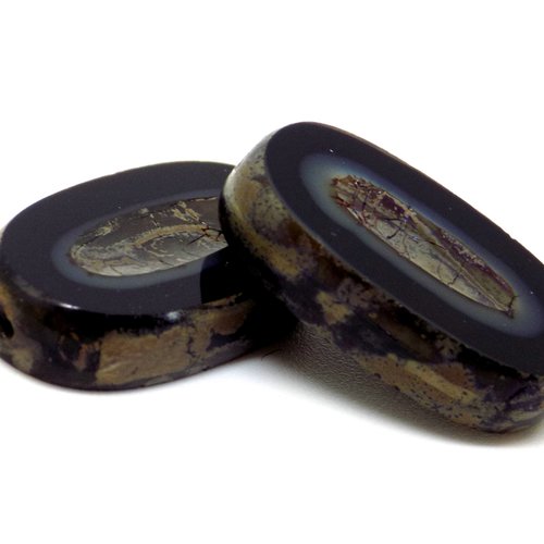 Perles tchèques ovales, verre pressé, picasso, noir, marron clair, gris, effet craquelé, style antique, patine, 21 x 12 mm, lot de 2