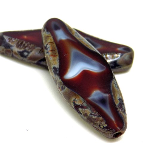 Perles tchèques navettes, ovales, verre pressé, divers tons bordeaux, bleu, gris, noir, vert, 25 x 10 mm, vendue par lot de 2 ou 4