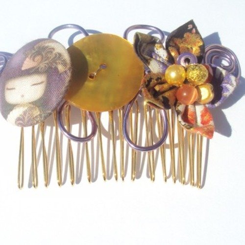 Peigne 2016 fleur et bouton en tissu japonais jaune doré et violet fait main 