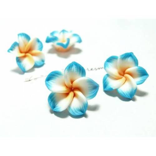 2 fleurs cabochons fimo bleu turquoise 20mm ref 2g3712