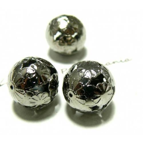 10 pieces perles ref p215a 16mm argent noir fleurs