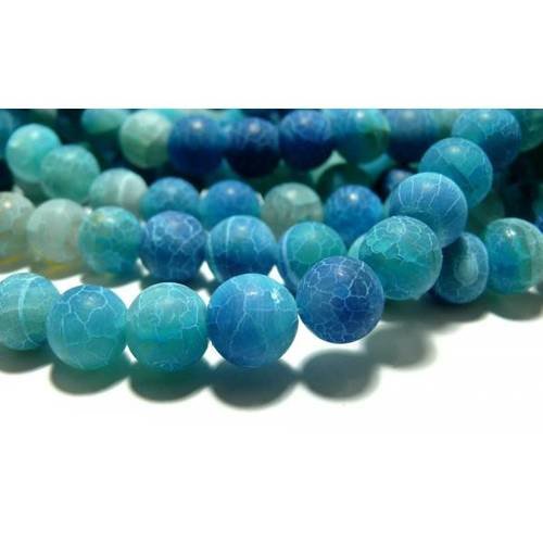 Apprêt bijoux 10 perles 8mm agate craquelé effet givre bleu intense