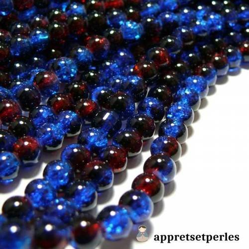 Offre spéciale: 1 fil environ 145 perles de verre craquelé bicolore bleu nuit et rouge 6mm pa57