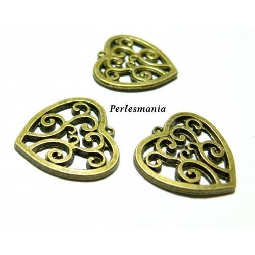 Fournitures pour bijoux: 4 pendentifs connecteur coeur bronze arabesque 2d4710