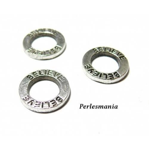 Apprêt pour bijoux: 10 pendentifs anneau rond message beleive vieil argent 2b9804