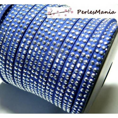 1m de cordon de suédine cloutée argent aspect daim double rangée facettée bleu nuit p00509