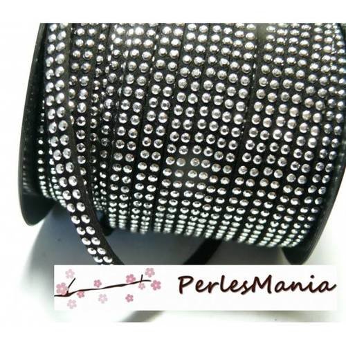 1m de cordon de suédine cloutée argent aspect daim double rangée facettée noir p00501