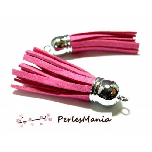 10 pompons breloque passementière 6 cm suédine rose fuchsia argent platine, apprêts et mercerie