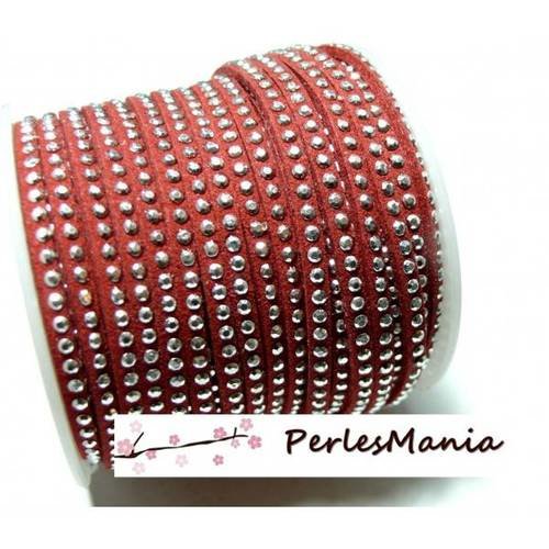5m de cordon de suédine strass cloutée argent aspect daim une rangée facettée rouge h115