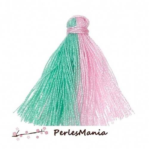 4 pompons breloque passementière coton bicolore rose et vert 25mm