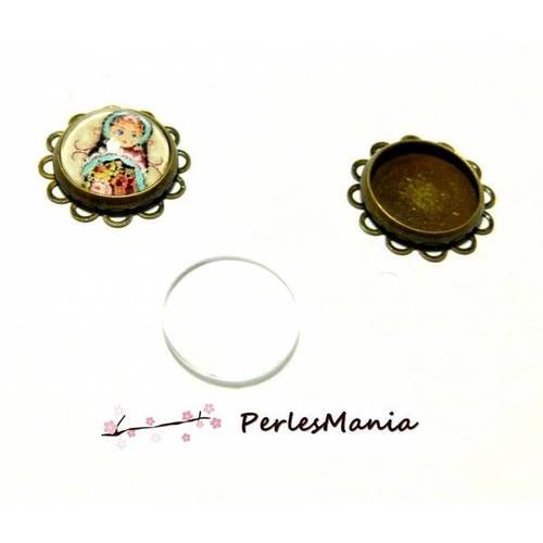 20 pièces: 10 support de pendentif vague plat 12mm bronze id 26854 et 10 cabochons