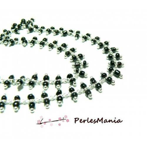 1m chaine laiton argent platine et perles de verre noire double rangée ref 152