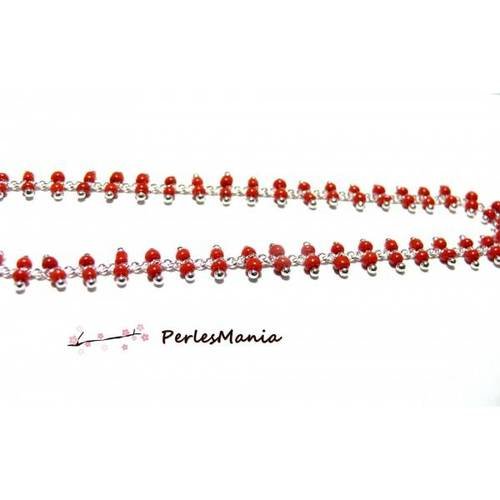 50cm chaine laiton argent platine et perles de verre rouge double rangée ref 156