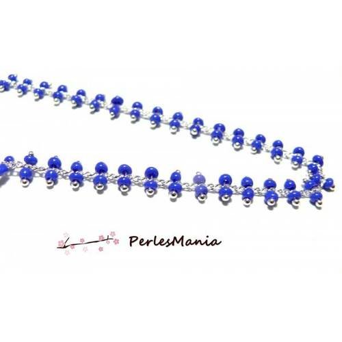 50cm chaine laiton argent platine et perles de verre bleu electrique double rangée ref 151
