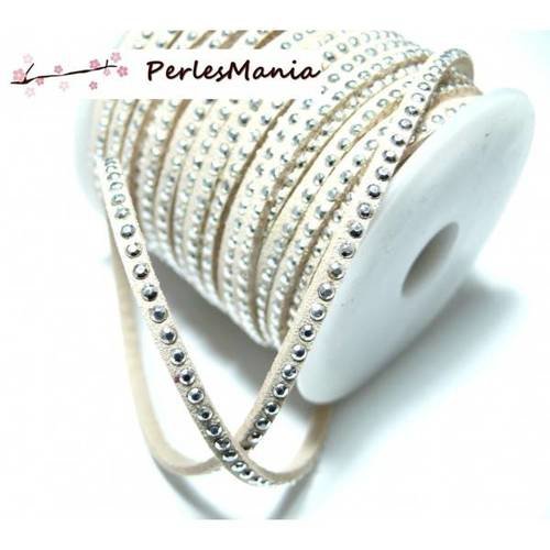 5m de cordon de suédine strass cloutée argent aspect daim une rangée facettée beige clair h110