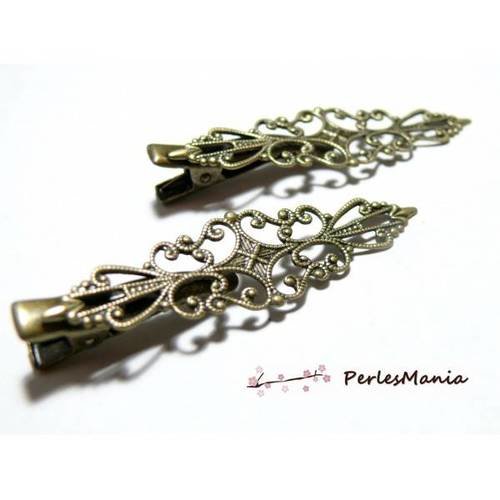 10 barrettes pince crocodile rétro dentelle allongée bronze ref 2m3123