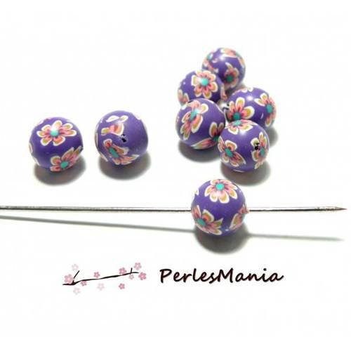 15 perles rondes fleur de fimo 10mm hy37 tons violet
