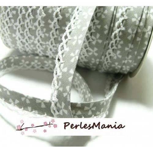 1 m ruban biais dentelle geométrique 12mm ref 71676 coll 2819 gris et blanc