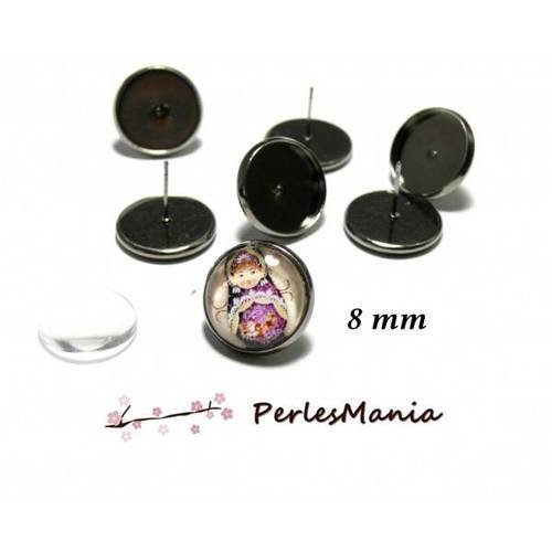 20 pièces: 10 supports de boucle d'oreille puce 8mm gun qualite laiton et 10 cabochons