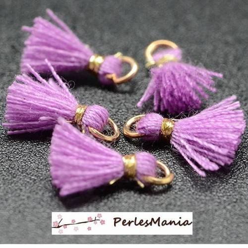 10 mini pompons breloque passementière avec fil d'or et anneau 10mm violet clair