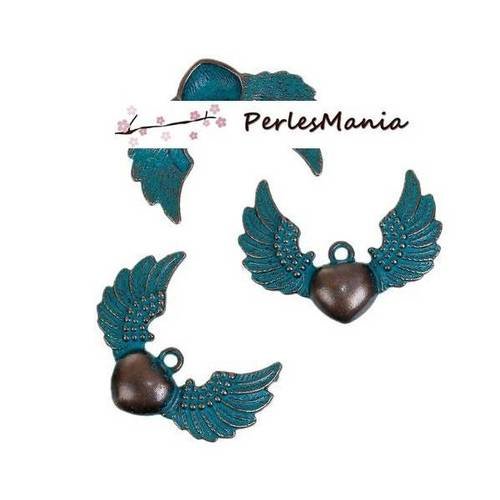 Pax 10 pendentifs coeur avec aile patine ancienne metal couleur bronze s1184163
