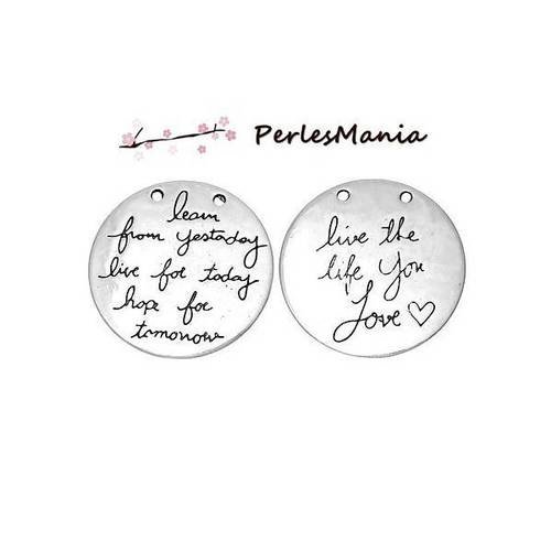 2 pendentifs message sur medaille live your life 30mm argent antique ( s1161525 )