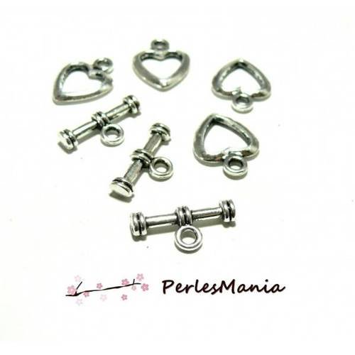 Pax: 20 sets fermoirs t toggle coeur metal couleur argent antique 2a5802