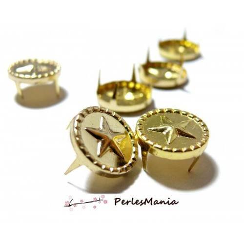 10 rivets clous à griffes en etoile dans rond metal couleur or 13mm
