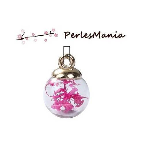 Pax 5 pendentifs globes bulles en verre avec fleurs seichees fuschia s1187795
