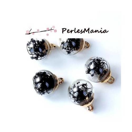 Pax 5 pendentifs globes bulles en verre avec fleurs seichees noires s1187798