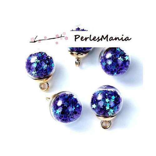 Pax 5 pendentifs globes bulles en verre avec sequins etoiles bleu violet s1187805